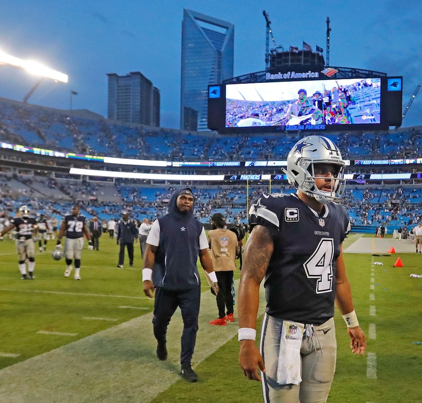 Dallas Cowboys quarterback Dak Prescott (4) walks off the field after the Cowboys' 16-8 loss...