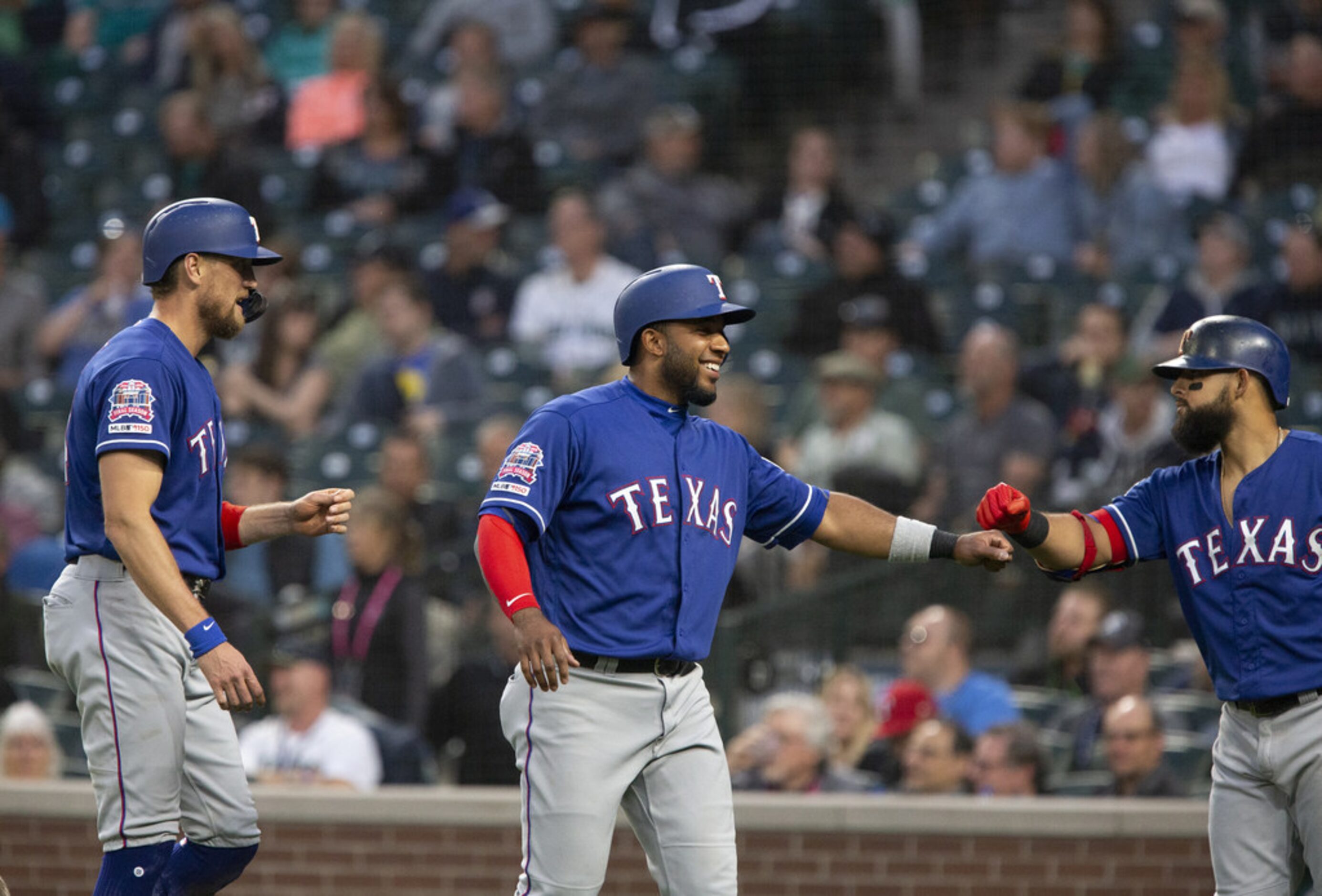 SEATTLE, WA - MAY 28:  Hunter Pence #24 of the Texas Rangers, left and Elvis Andrus #1...