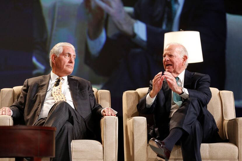 Former Secretaries of State Rex Tillerson (left) and James Baker spoke Tuesday during a...