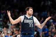 Dallas Mavericks guard Luka Doncic (77) reacts after a basket during the second half of Game...