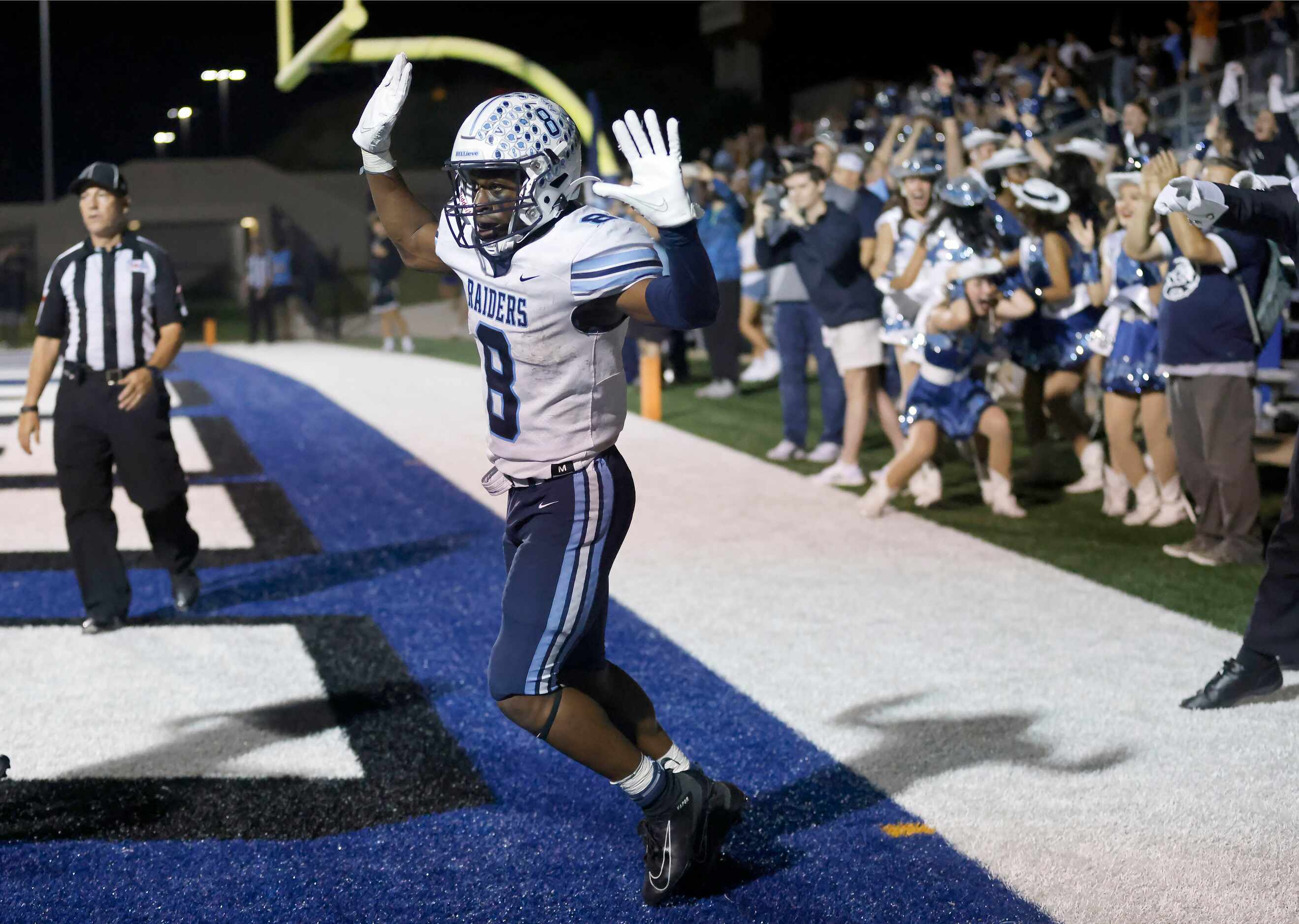 Hurst L.D. Bell running back Gracien Anto (8) celebrates a would be touchdown in the fourth...