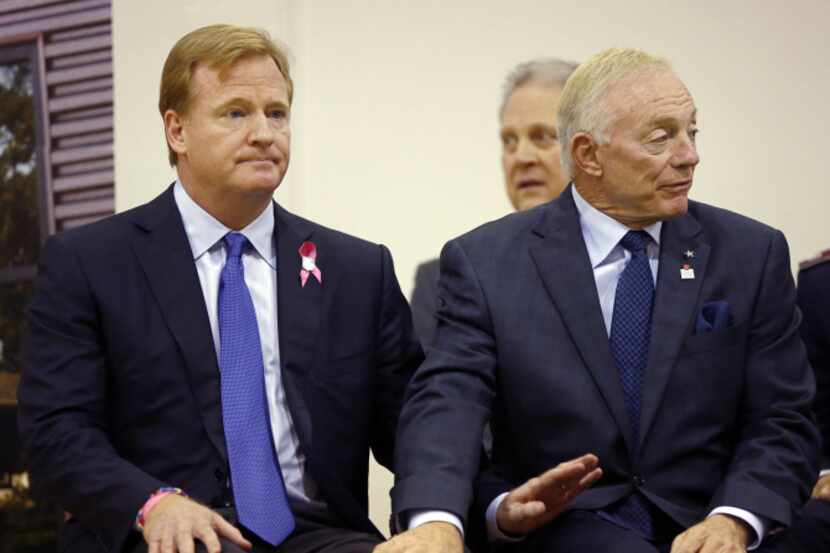 Jerry Jones (right), owner of the Dallas Cowboys, sat with NFL Commissioner Roger Goodell...