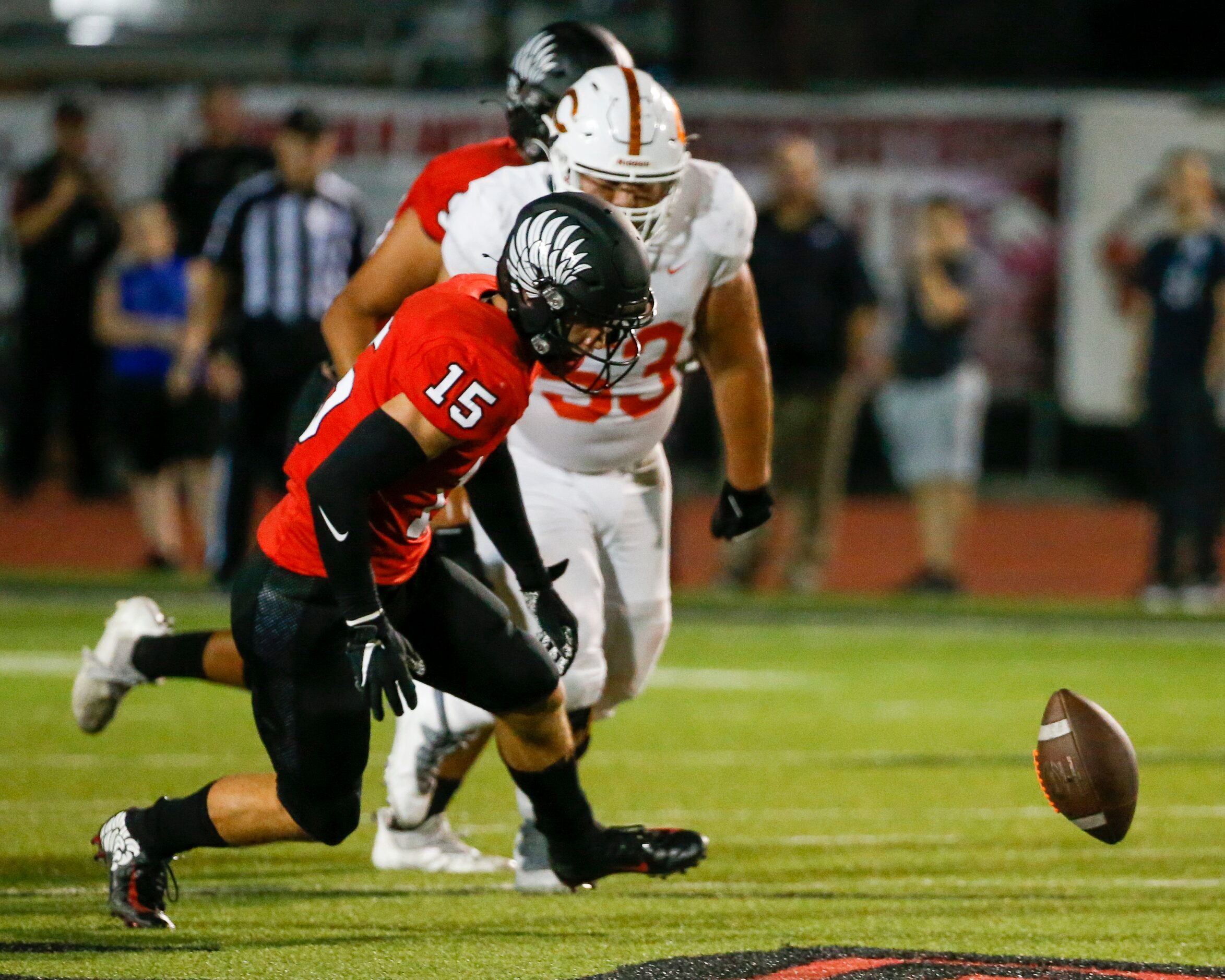 Argyle defensive back Devon Owens (15) drops to recover a fumbled ball during the second...