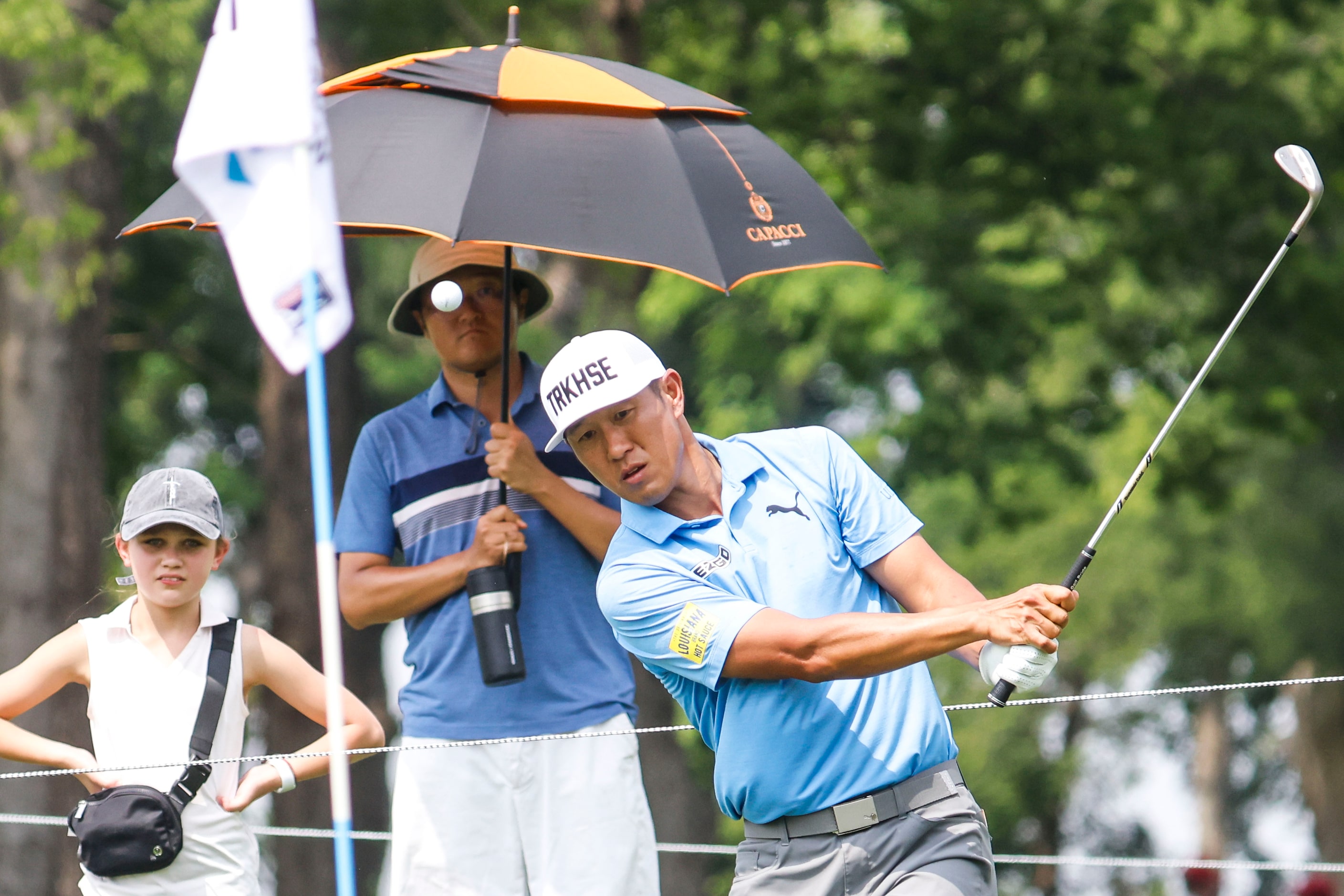 James Hahn, of the United States hits to the green on the fourth hole during the second...