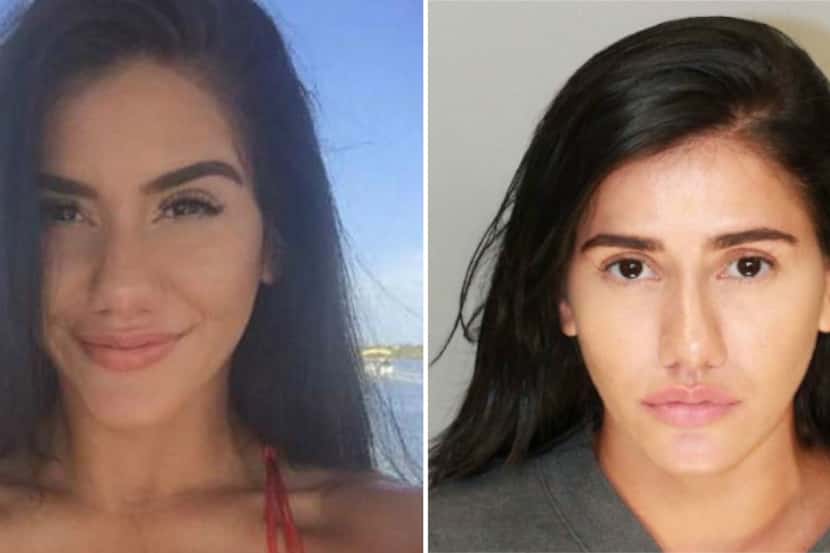 Caitlin Cifuentes in a Facebook photo (left) and in her latest mug shot from the Nueces...