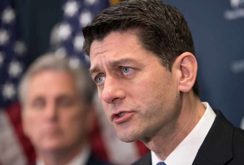 House Speaker Paul Ryan of Wis., accompanied by House Majority Leader Kevin McCarthy of...