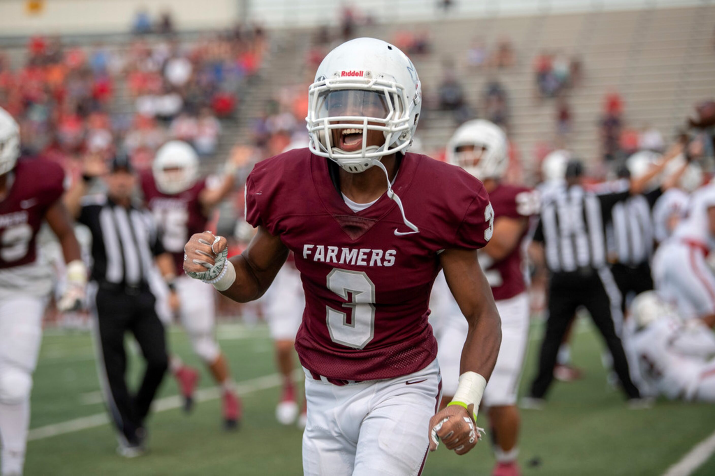 Lewisville senior Julius Campbell (3) celebrates a fumble recovery against McKinney Boyd in...