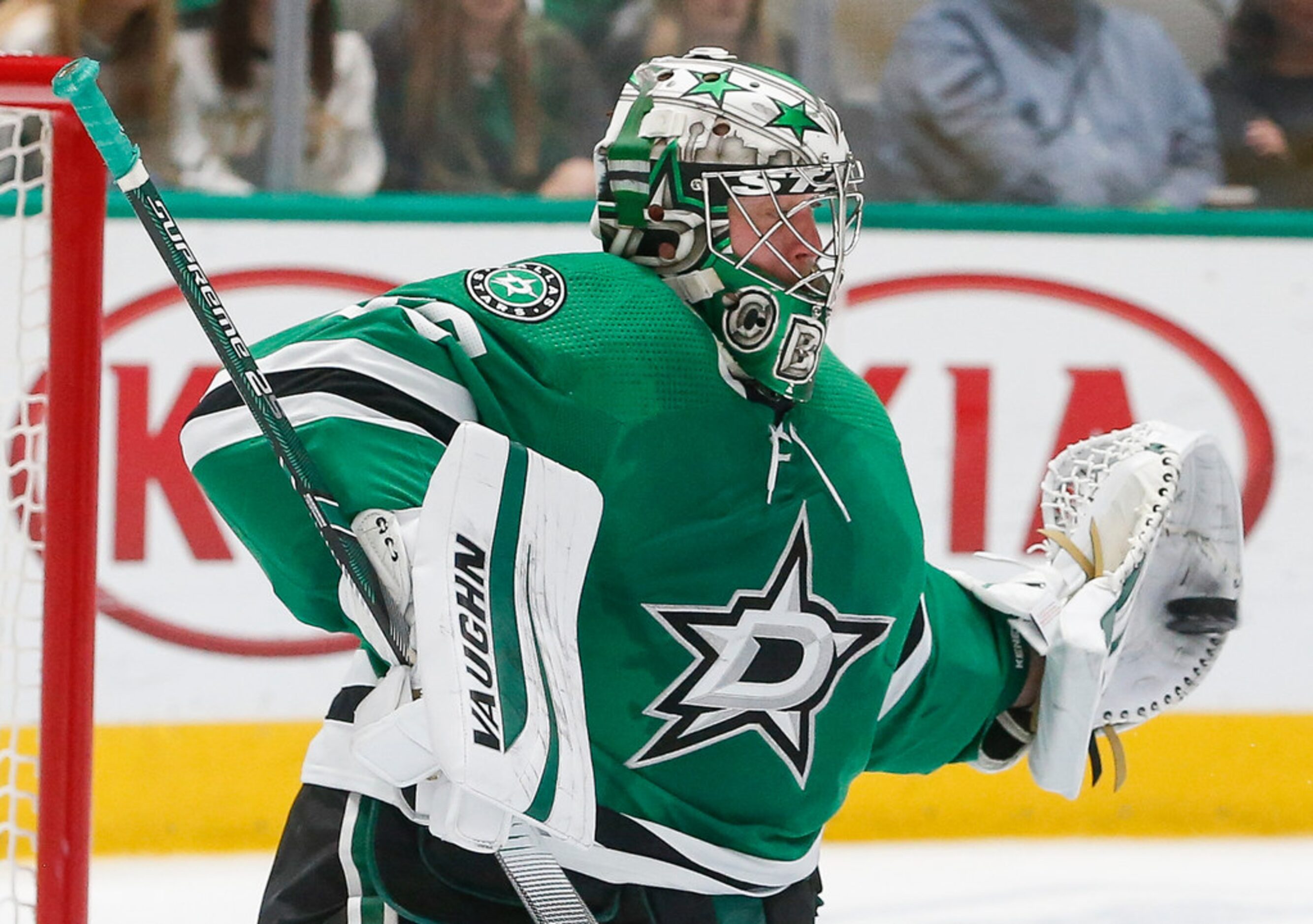 Dallas Stars goaltender Anton Khudobin (35) makes a save during the second period of an NHL...