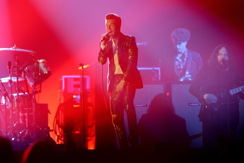 Brandon Flowers of The Killers performs on stage during the MTV EMAs 2017 held at The SSE...