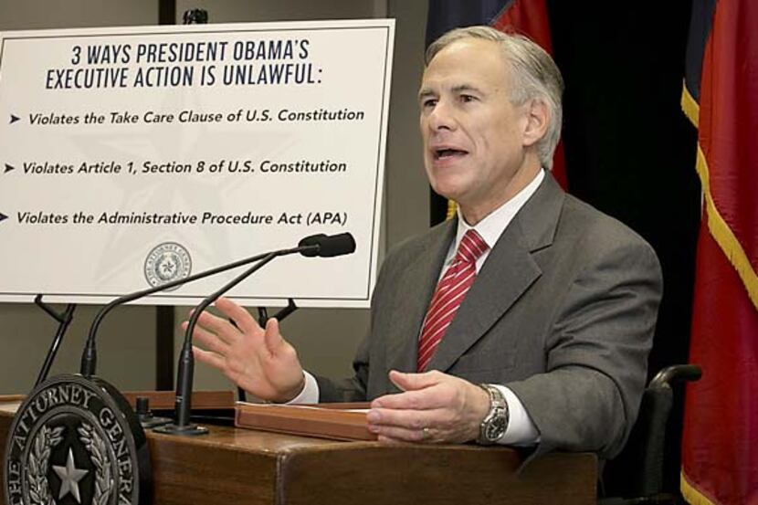Texas Attorney General and Gov.-elect Greg Abbott speaks against President Barack Obama's...