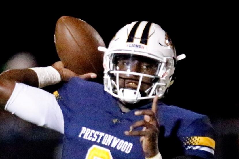 Prestonwood Christian Academy quarterback M.J. Rivers (8) throws a pass during the first...