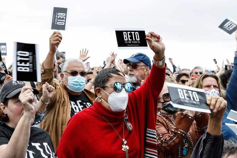 Beto O'Rourke supporters cheer as he speaks at a rally in Dallas on Sunday, Nov. 21, 2021....