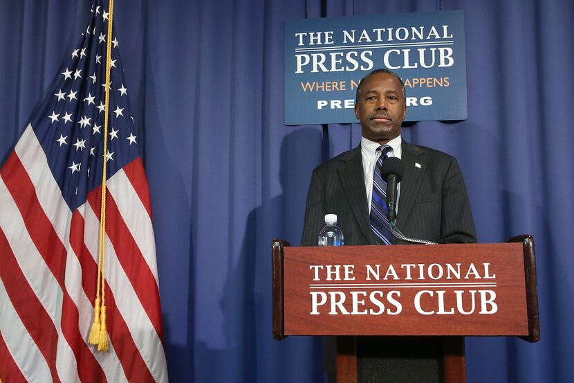  Republican presidential candidate Dr. Ben Carson speaks to the media at the National Press...
