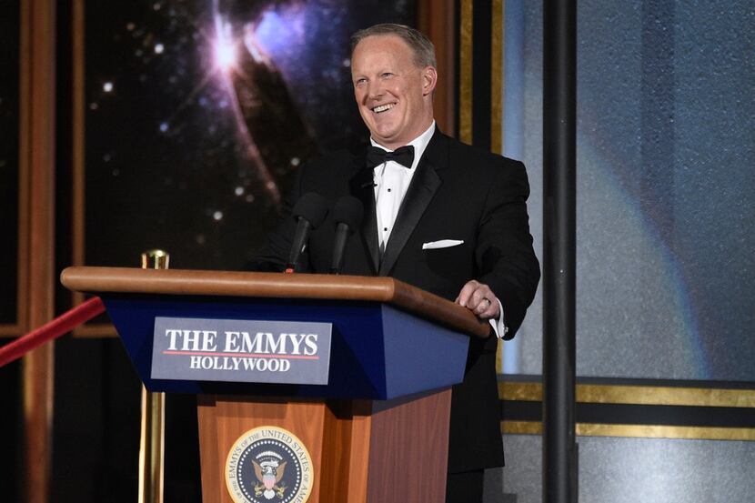 Sean Spicer spoke at the 69th Primetime Emmy Awards on Sunday in Los Angeles. (Chris...