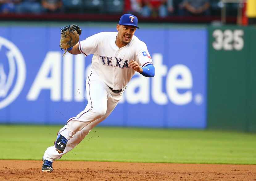 ARLINGTON, TX - MAY 04: Ronald Guzman #67 of the Texas Rangers fields a ground ball in the...