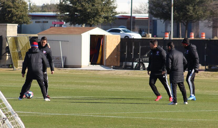 January 26, 2019 (Frisco, TX): FC Dallas coaches (L-R) Luchi Gonzalez (back to shot, wearing...