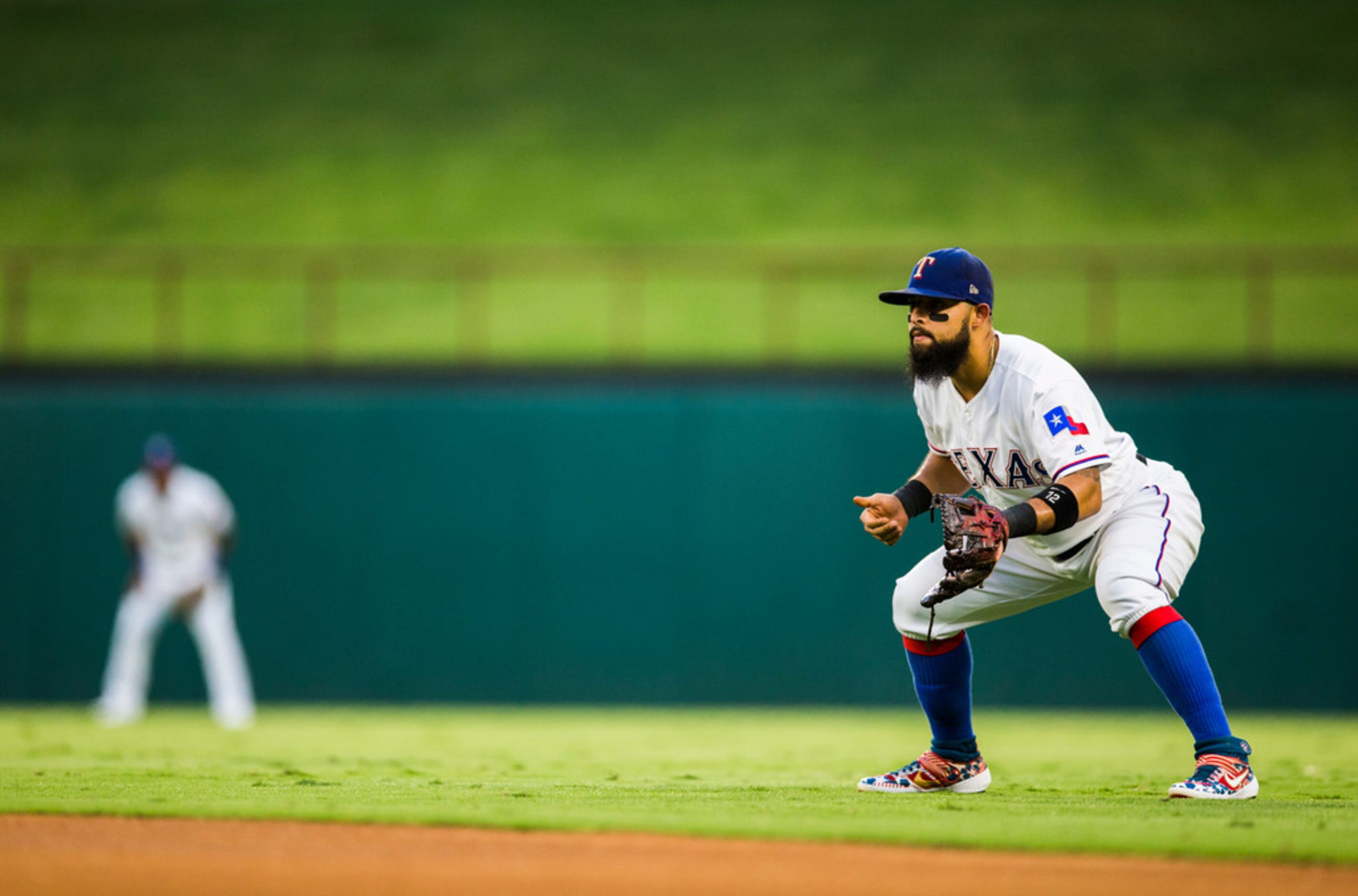 Texas Rangers second baseman Rougned Odor (12) stands ready during the first inning of an...