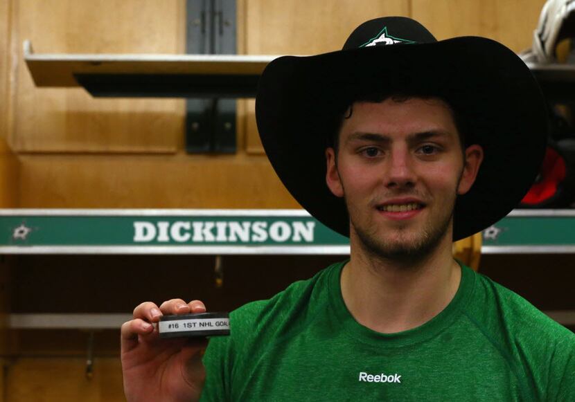 DALLAS, TEXAS - APRIL 07: Jason Dickinson #16 of the Dallas Stars poses for a photo with his...