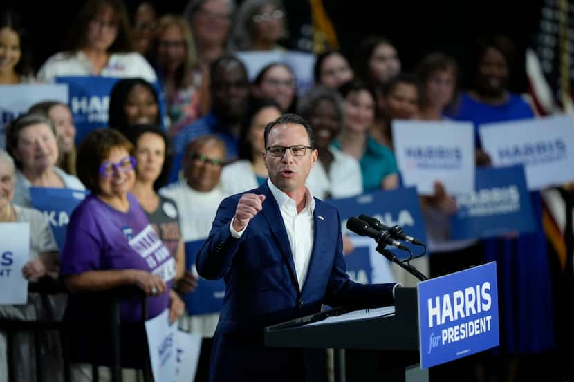 Pennsylvania Gov. Josh Shapiro speaks during a campaign event for Democratic presidential...