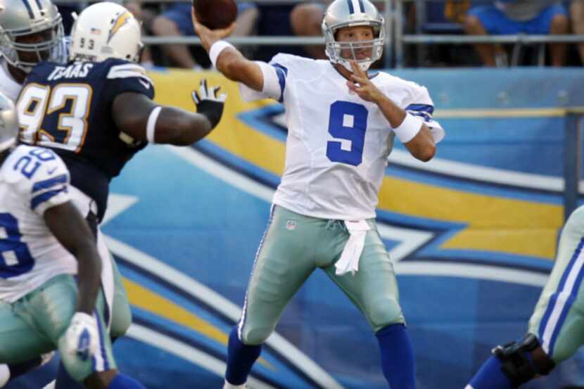 Dallas Cowboys quarterback Tony Romo (9) throws a competiong against the San Diego Chargers...