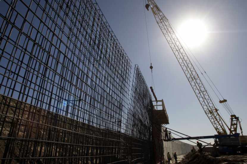 Construction of a border wall near Granjeno, Texas.