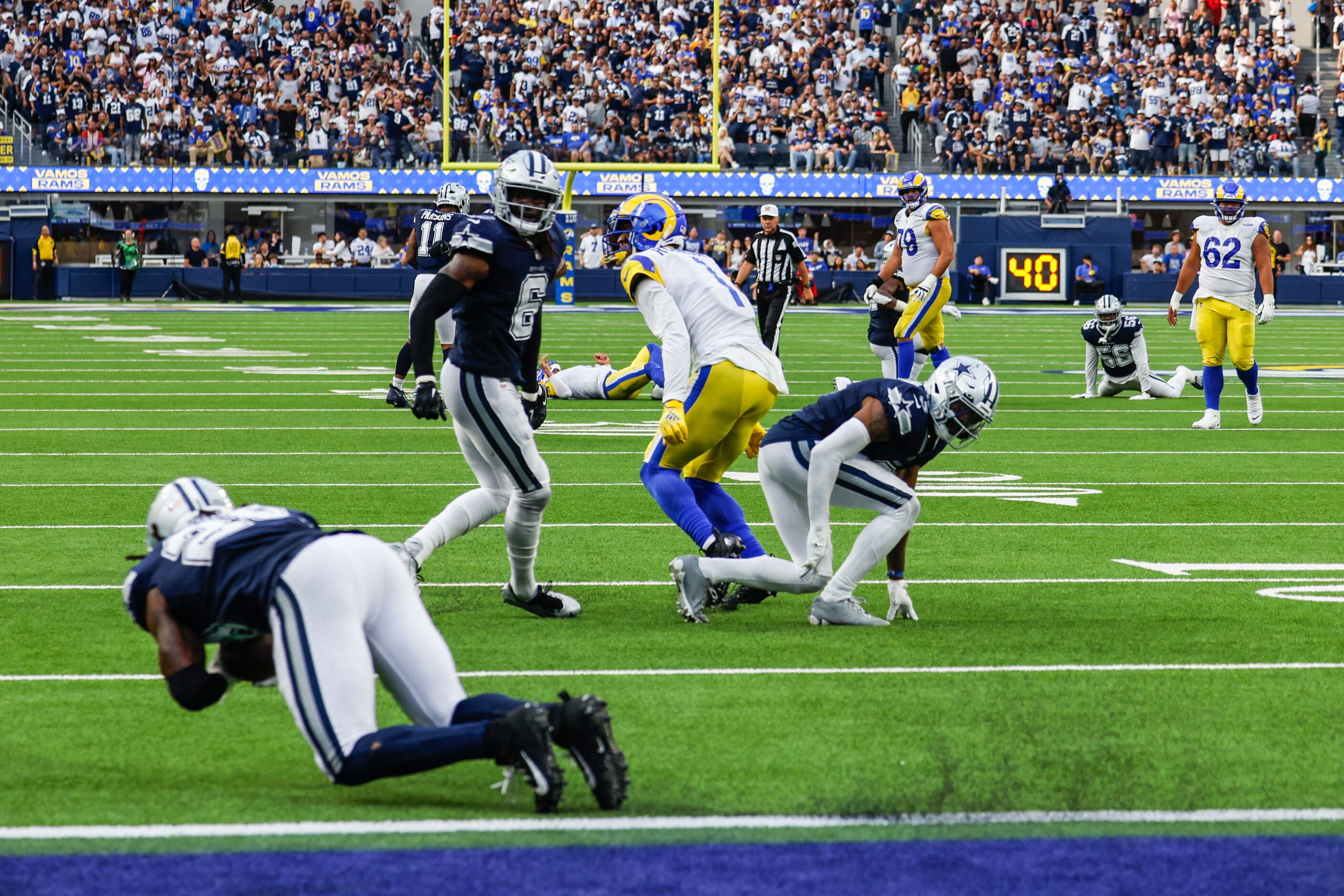 Dallas Cowboys safety Malik Hooker (28) catches a pass that was for Los Angeles Rams wide...