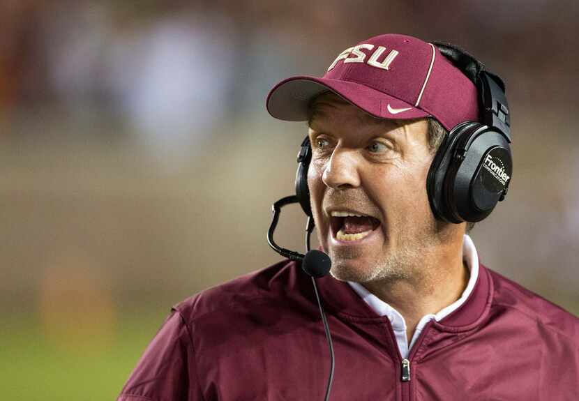 In  this 2016 file photo, Florida State coach Jimbo Fisher shouts instructions during the...