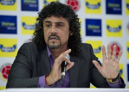 Former Colombian national head coach Leonel Alvarez speaks during a press conference in...
