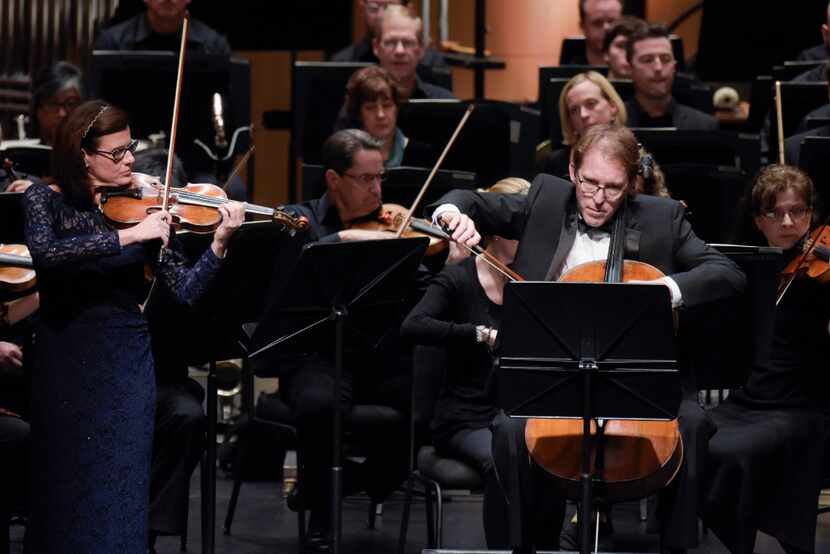 Maria Schleuning, left, on violin, Jolyon Pegis, on cello, and the Dallas Symphony Orchestra...
