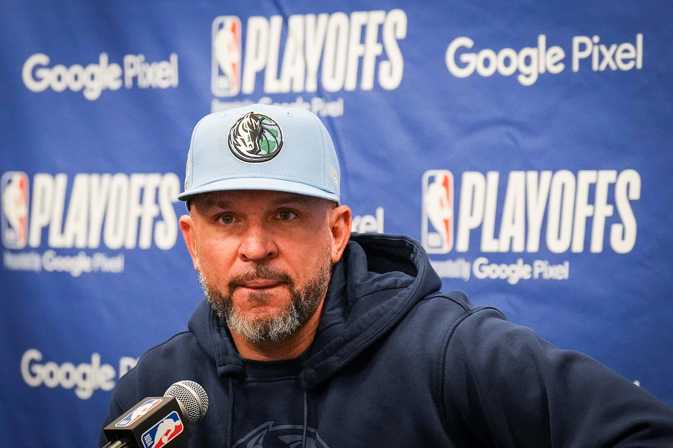 Dallas Mavericks head coach Jason Kidd addresses reporters before Game 7 of an NBA second...