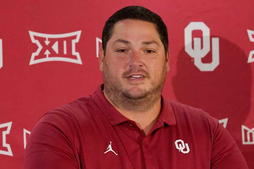 Oklahoma offensive coordinator Jeff Lebby speaks during an NCAA college football media day,...