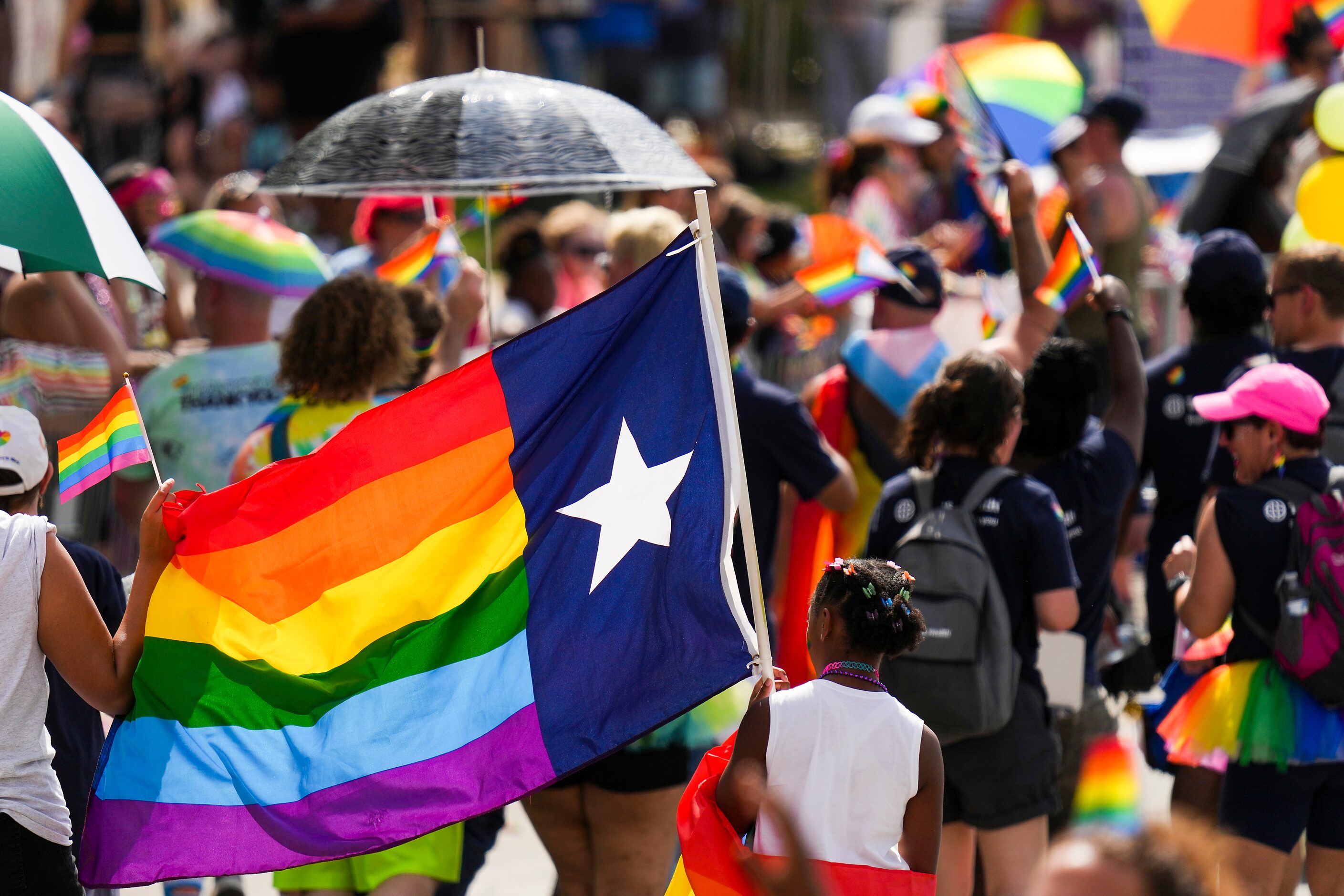 Participants carry a Texas-themed pride flag during the annual Alan Ross Texas Freedom...