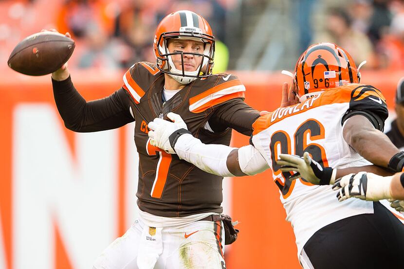 CLEVELAND, OH - DECEMBER 6: Quarterback Austin Davis #7 of the Cleveland Browns is nearly...