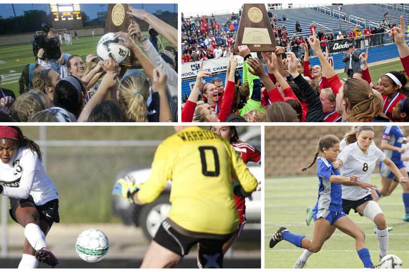 Top left: The Flower Mound girls celebrate winning the 6A state championship. Top right: The...