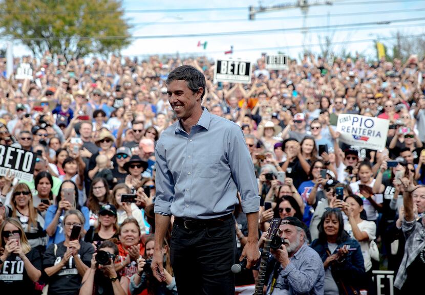 Beto O'Rourke, the 2018 Democratic candidate for U.S. Senate in Texas, takes the stage to...