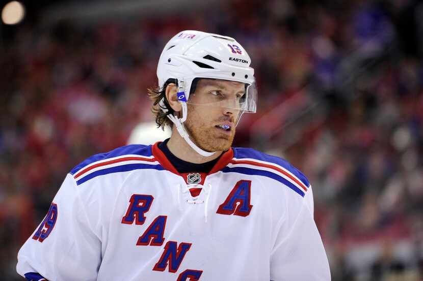 In this March 10, 2013, file photo, New York Rangers center Brad Richards looks on during...