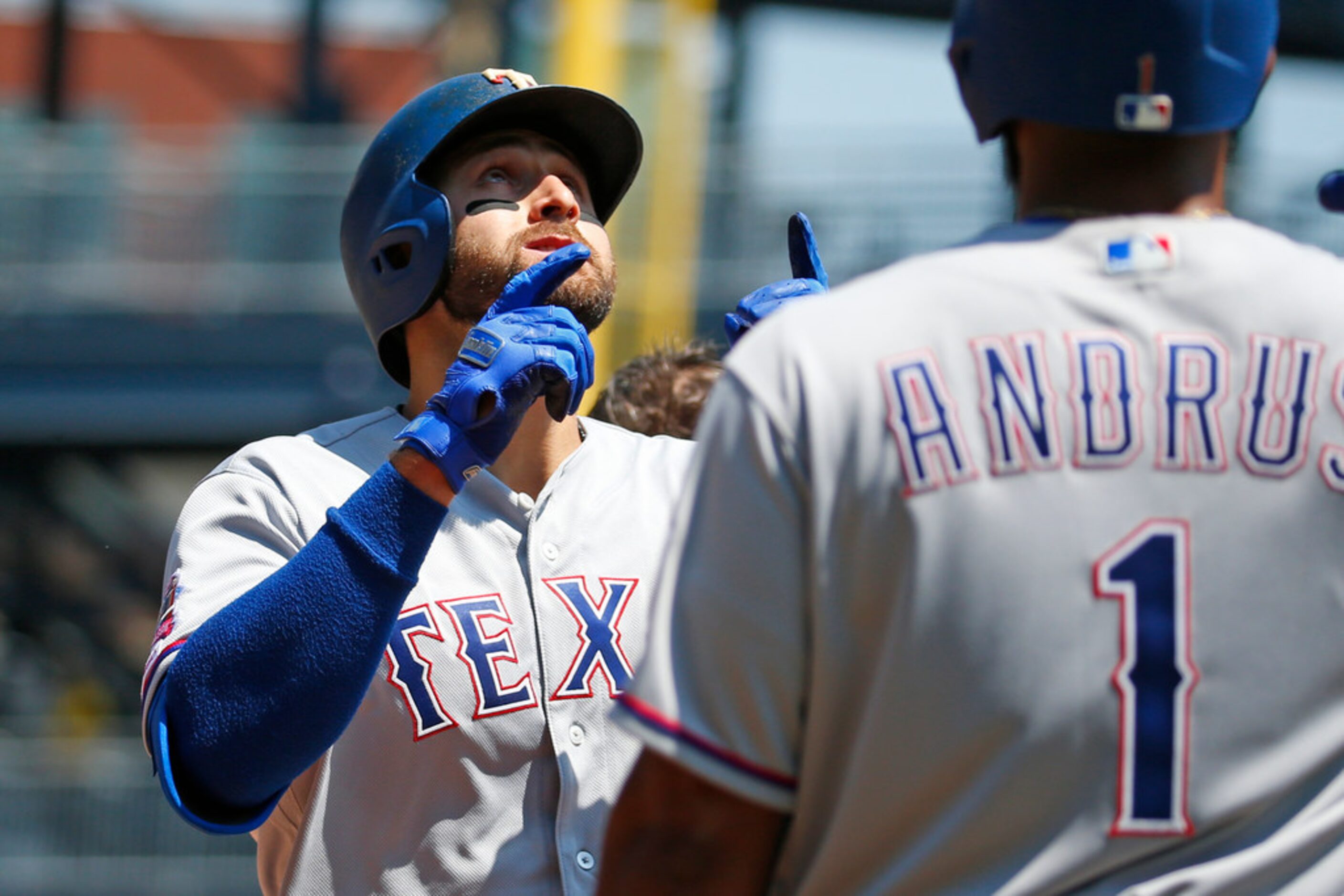 PITTSBURGH, PA - MAY 08:  Joey Gallo #13 of the Texas Rangers reacts after hitting a two run...