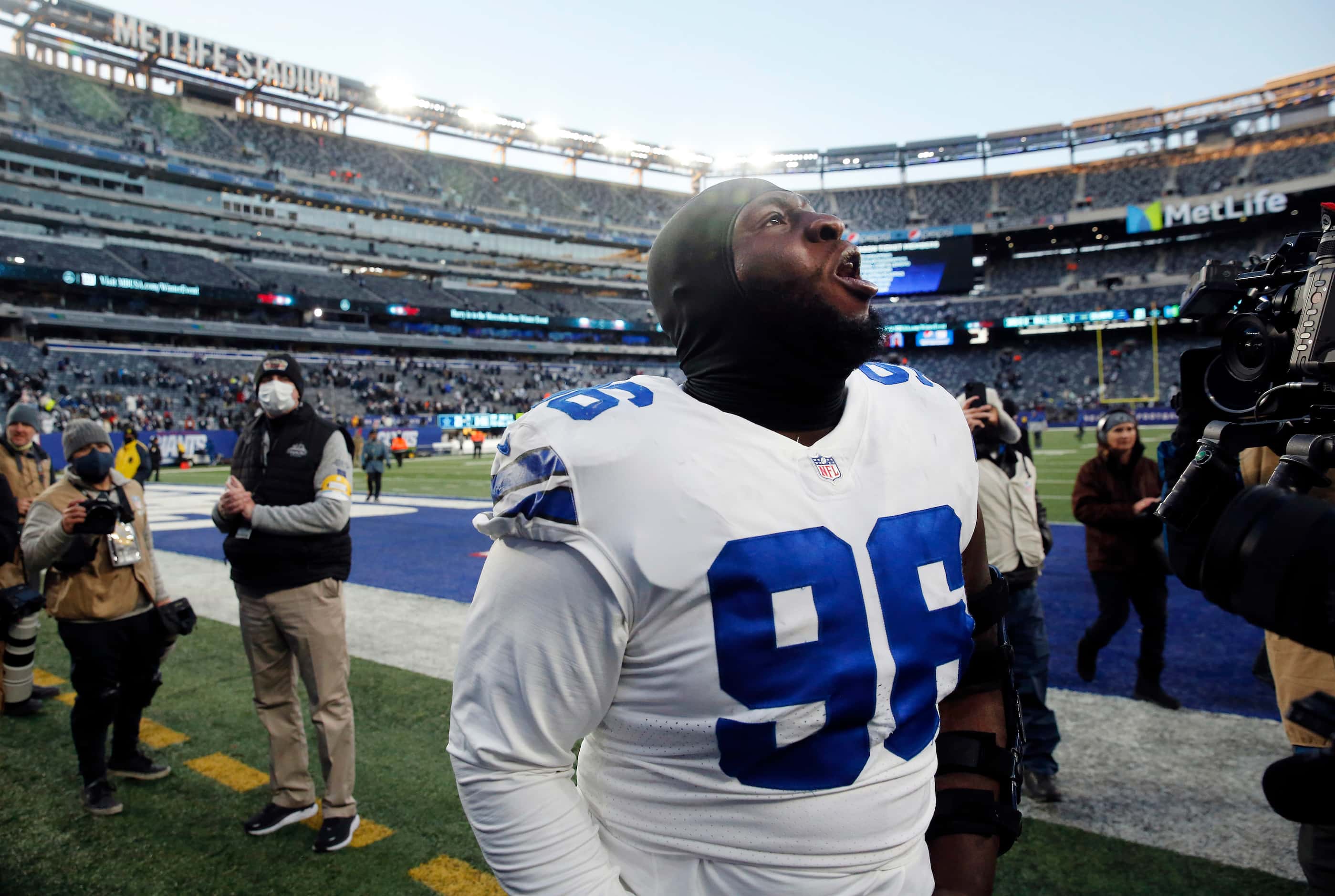 Dallas Cowboys defensive tackle Neville Gallimore (96) celebrates their win over the New...