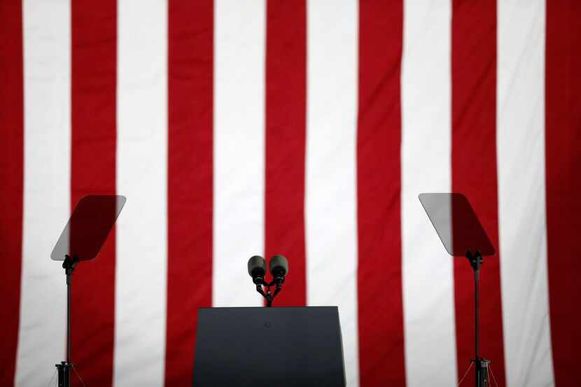 Empty podium where Democratic presidential candidate Hillary Clinton spoke at a rally in...