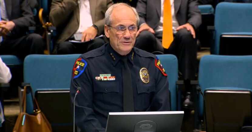 Plano Police Chief Gregory W. Rushin explains a proposal at the March 20 Plano City Council...