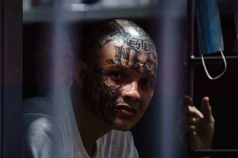 Un miembro de la pandilla "Mara Salvatrucha" permanece en una celda dentro del CECOT (Centro...
