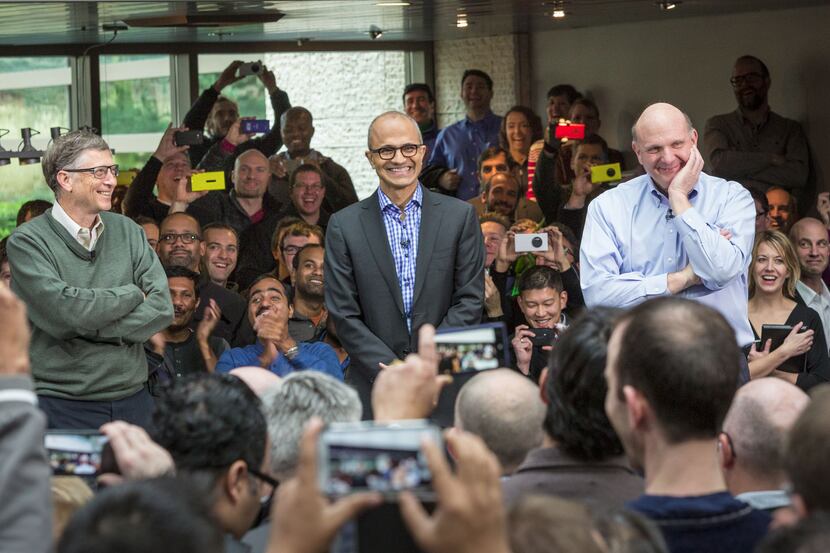 In a handout photo, from left, Microsoft founder and technical advisor Bill Gates, new CEO...