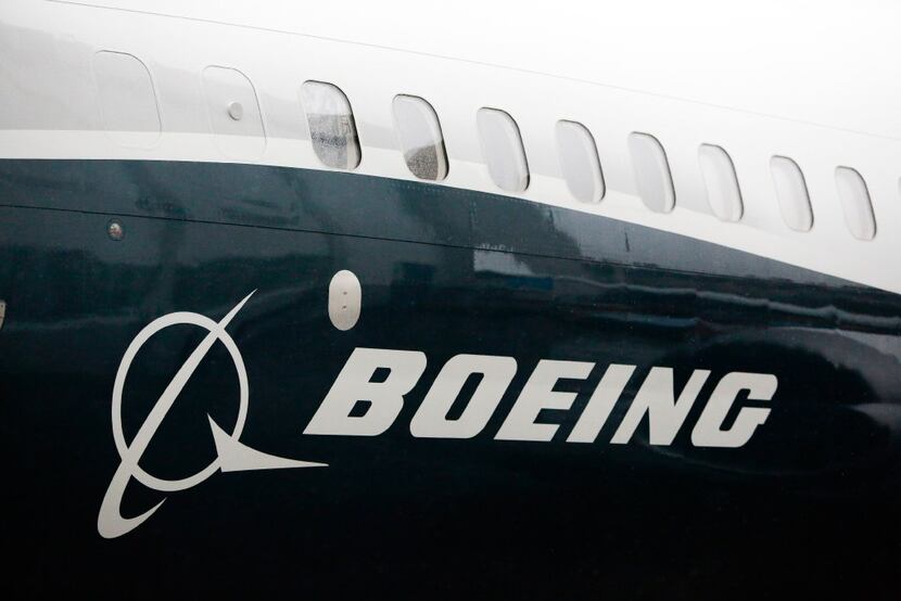 The Boeing logo on the Boeing 737 MAX 9 airplane. (Jason Redmond/AFP/Getty Images)