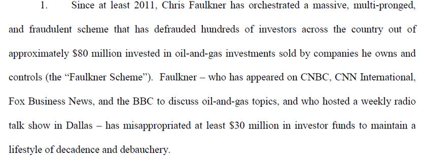 Section of federal civil complaint against Faulkner, his associates and his companies.