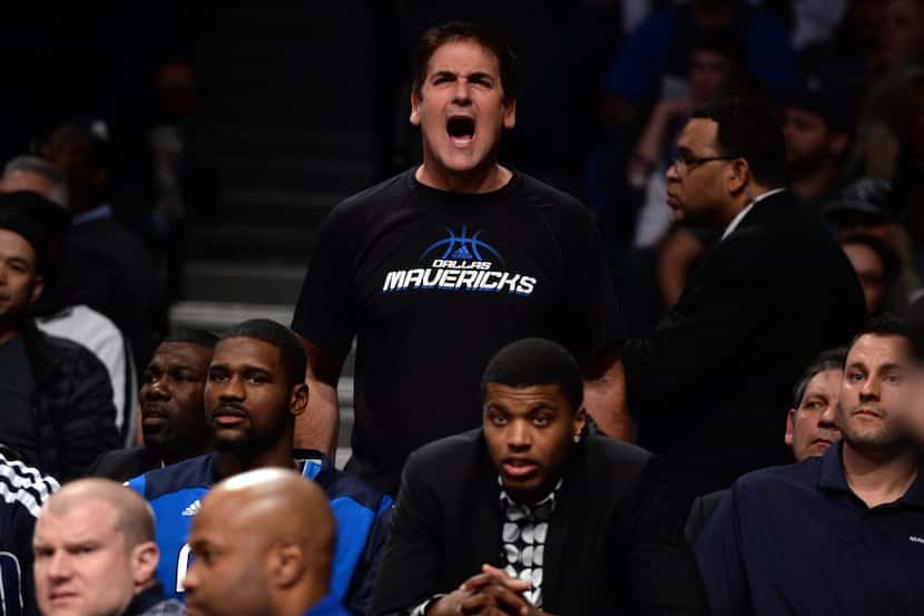 Jan 24, 2014; Brooklyn, NY, USA; Dallas Mavericks owner Mark Cuban shouts at referees during...
