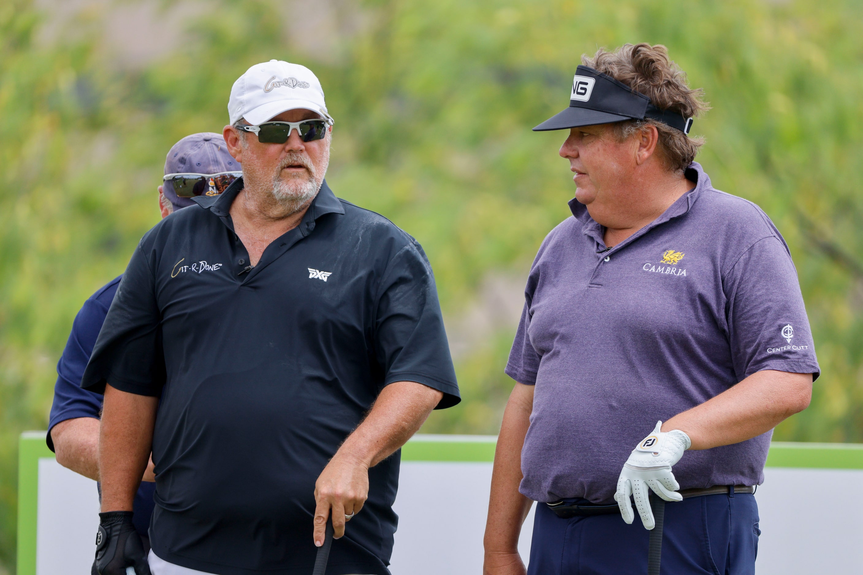 Larry the Cable Guy talks with professional golfer Tim Herron on the eighth tee box during...