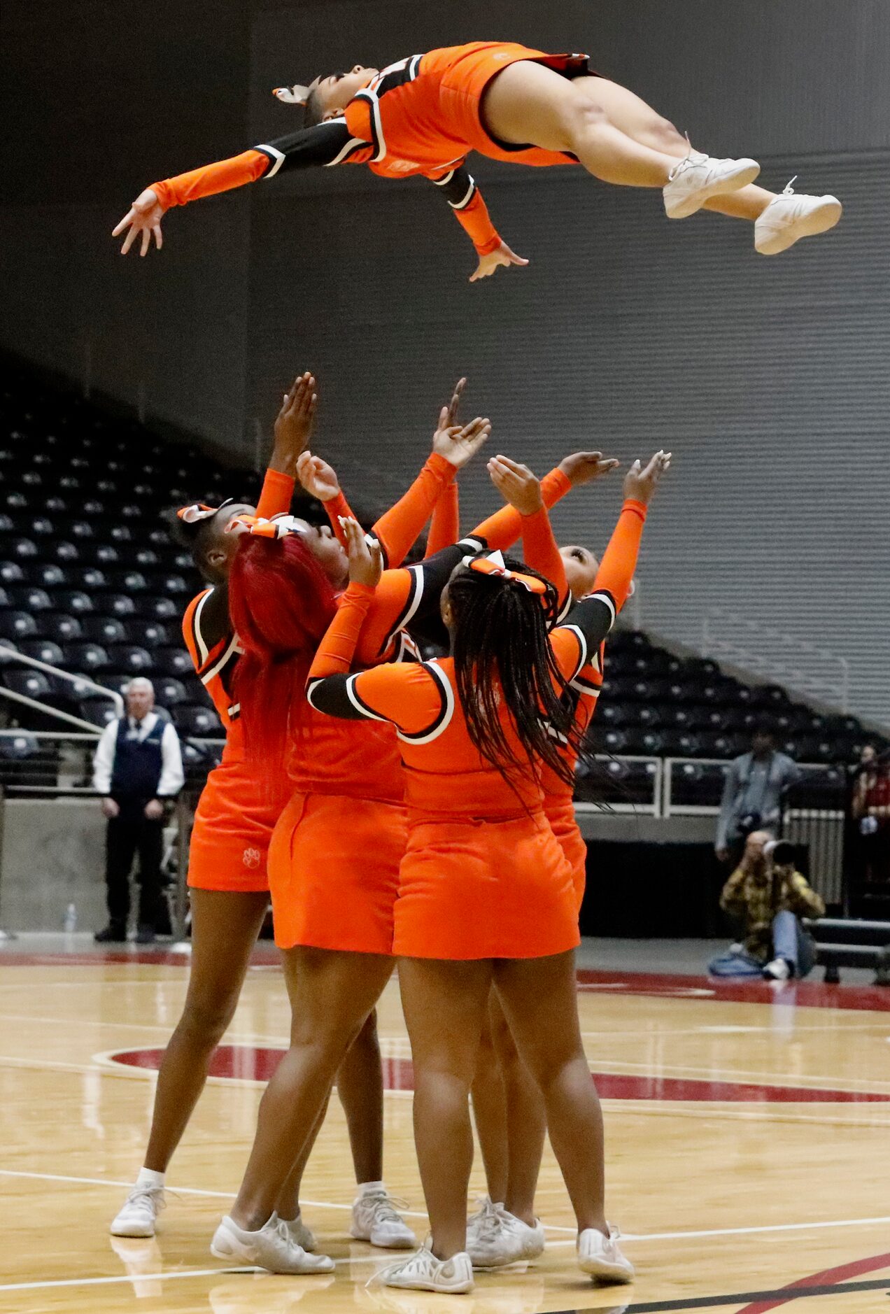 Lancaster High School cheerleaders perform during a time out during the second half as...