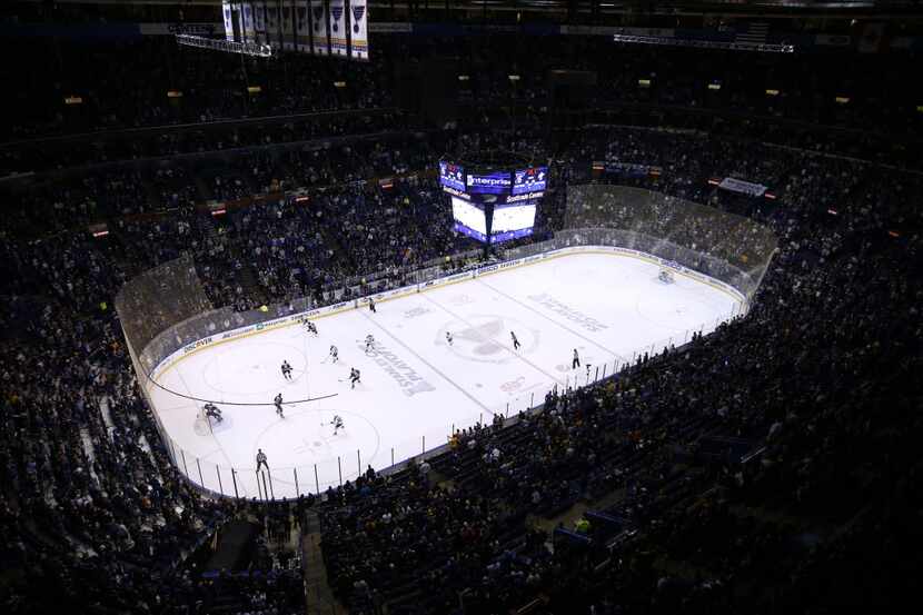 The St. Louis Blues and Dallas Stars play during the third period of Game 3 of the NHL...