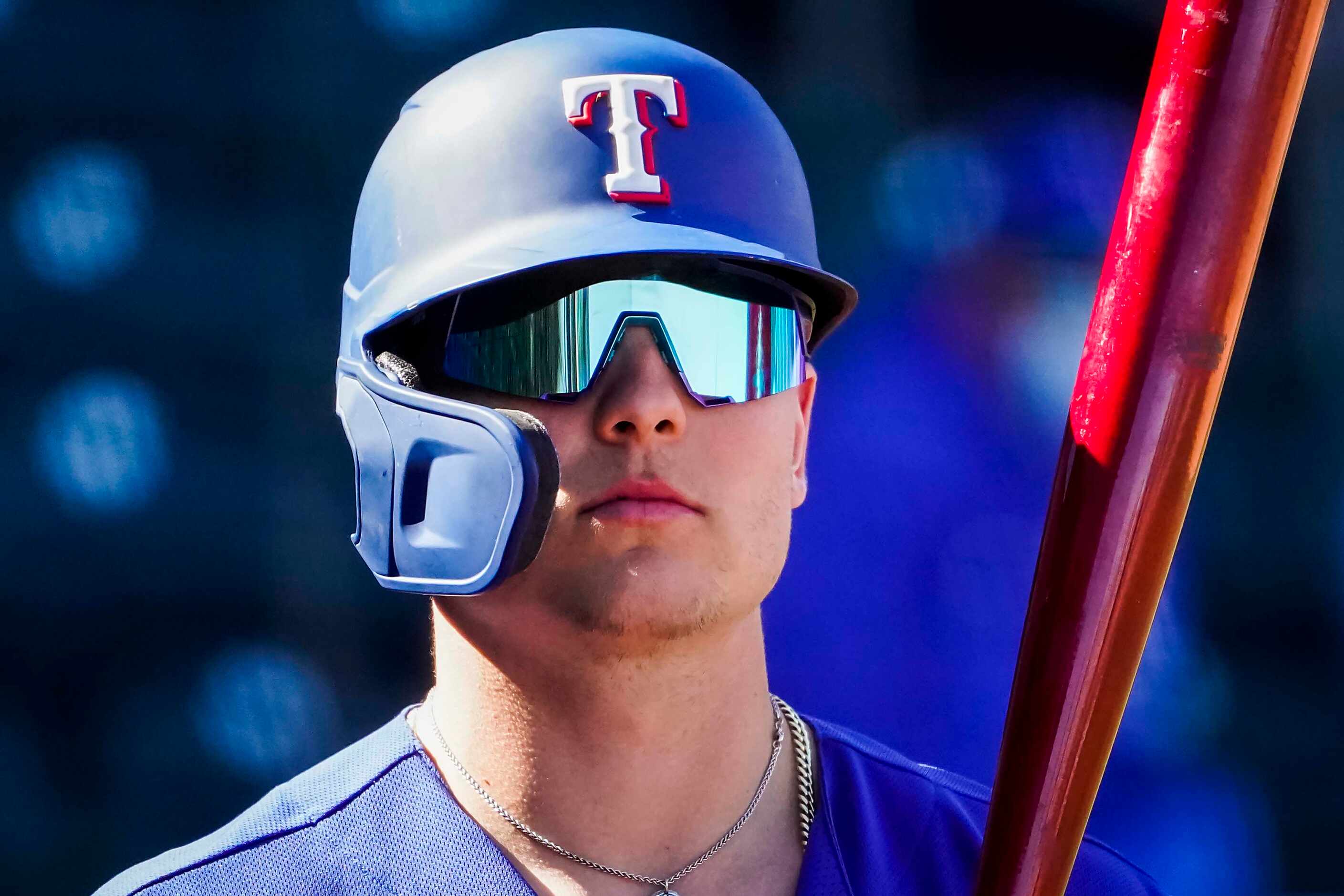 Texas Rangers outfielder Steele Walker waits in the on deck circle during the sixth inning...