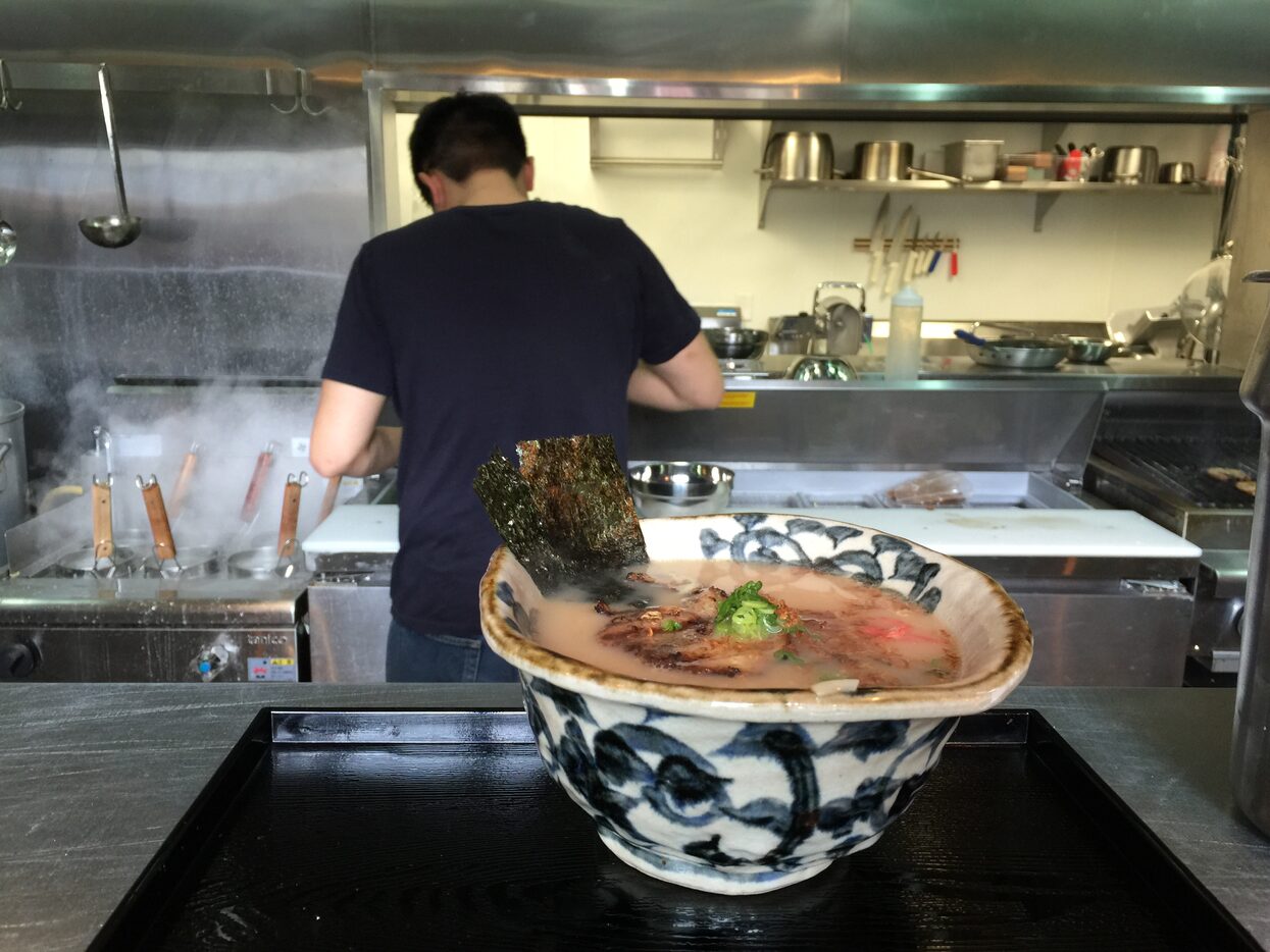 A bowl of tonkotsu ramen at Ten, ordered as the basic version.